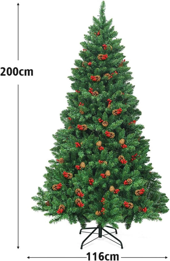 Albero di Natale Artificiale 135/195 cm in PVC, Albero di Natale con Luci LED Incorporate, Mele di Pino e Bacche Rosse, Christmas Tree per Casa, Negozio, Ufficio, Feste (L)