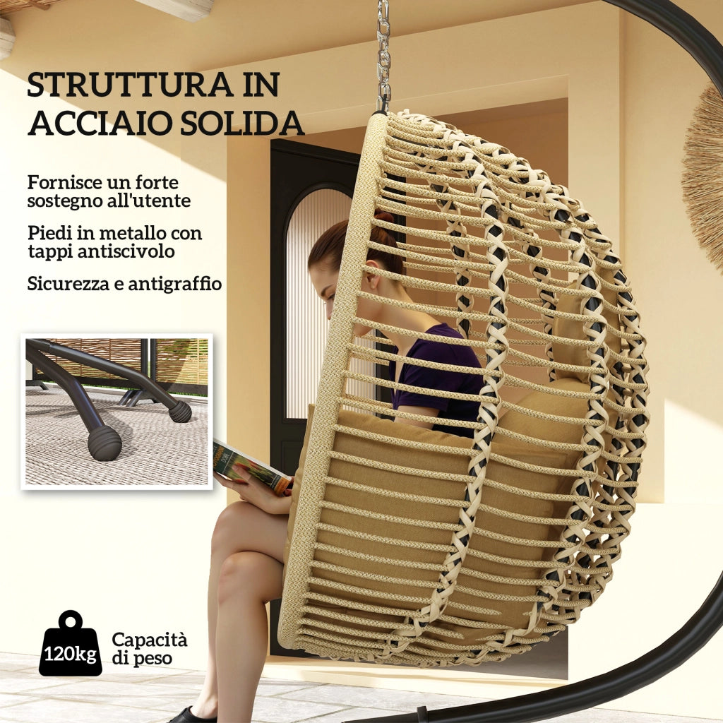 Poltrona Sospesa con Cuscino Imbottito, Seduta Pieghevole e Struttura in Acciaio e Corda, Beige