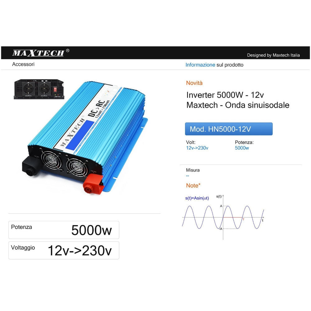 Trade Shop - Inverter Di Potenza 5000 Watt Onda Sinusoidale Da 12v A 230v Auto Hn5000-12v -