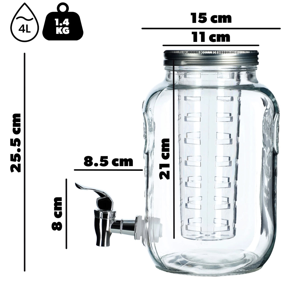 Barattolo KADAX con rubinetto da 4 litri in vetro con inserto per bevande come acqua, limonata e succo di frutta.