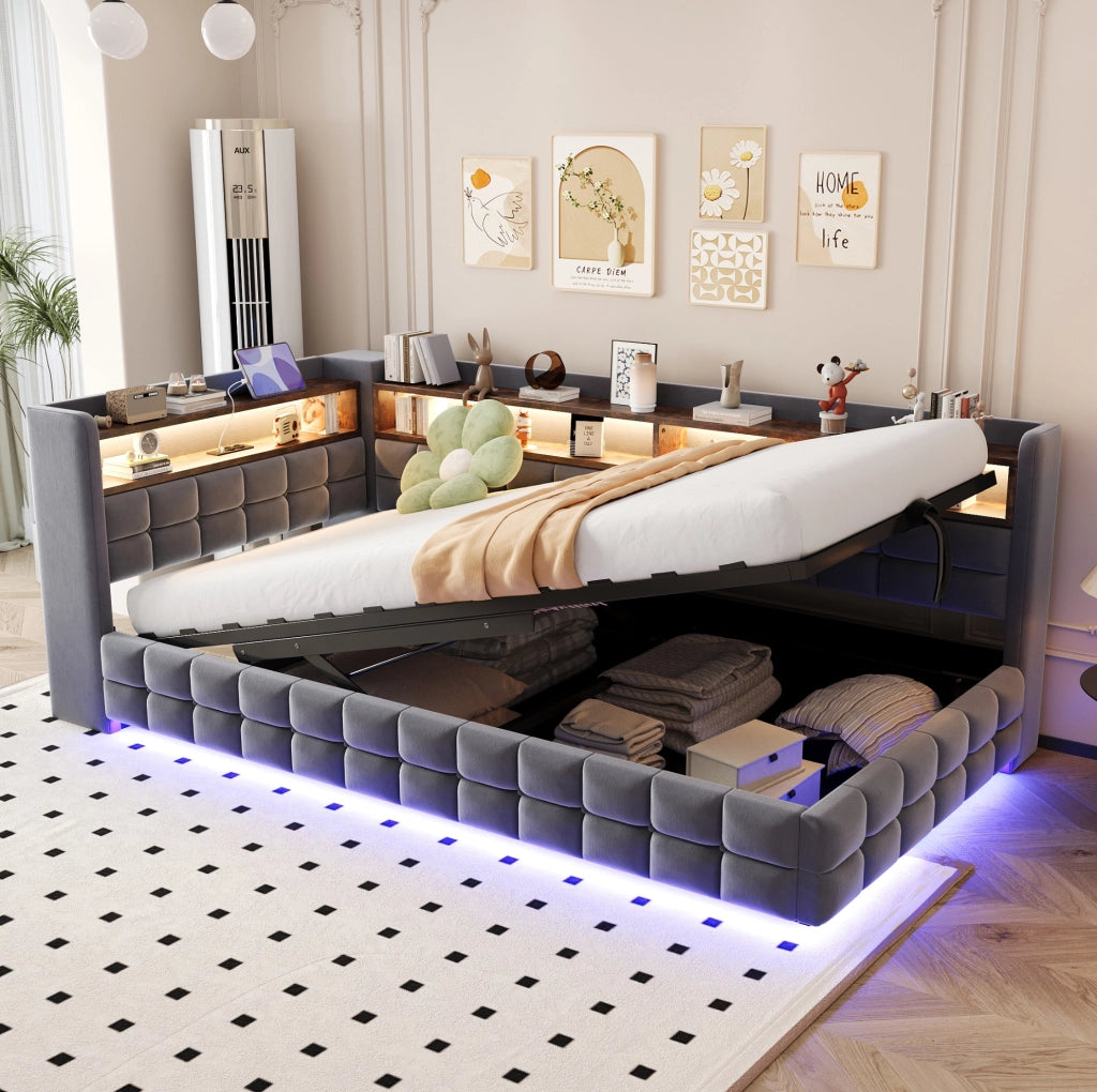 Divano letto imbottito con contenitore 90x200 cm; LED; prese USB e Tipo-C; grigio