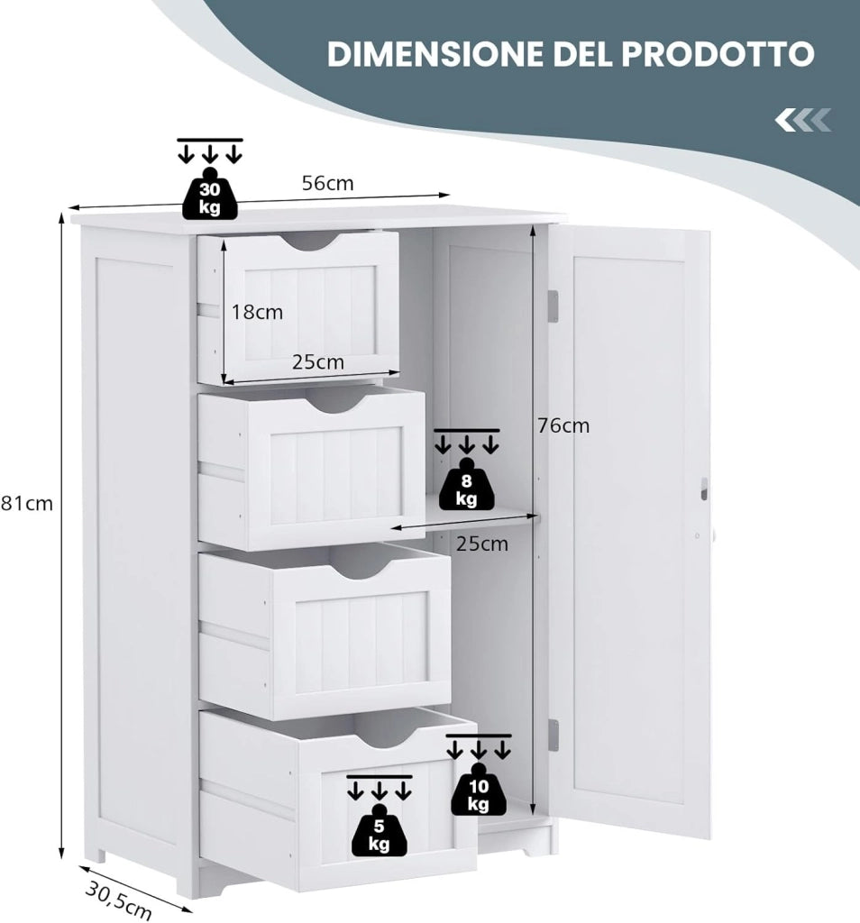Mobile Bagno 56 x 30,5 x 81 cm, Mobiletto Bagno Salvaspazio con 4 Cassetti e Mensola Regolabile, Armadietto Multiuso per Ingresso, Salone, Camera da Letto e Cucina (Bianco)