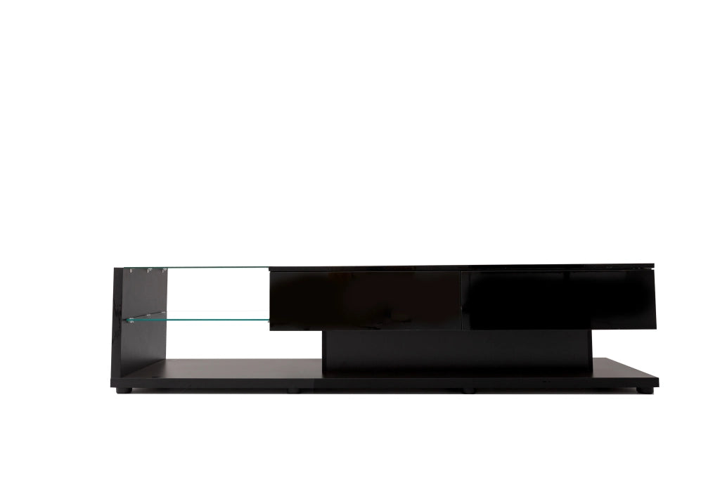 Mobile porta TV lucido con 2 cassetti, 2 ripiani in vetro e LED app in truciolato nero 170 × 36 × 38 cm