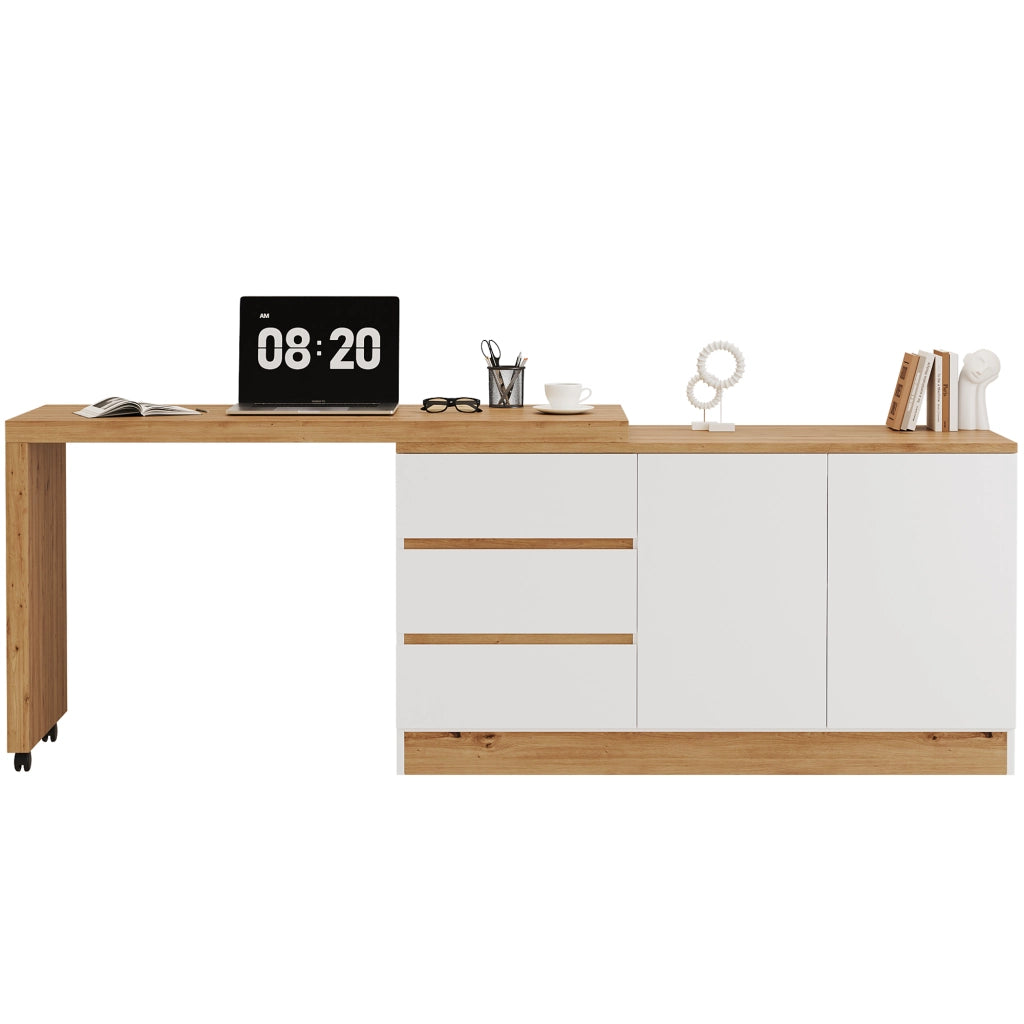 Scrivania pieghevole girevole con ruote frenanti, 2 porte e 3 cassetti, 120x50x78 cm, bianco e rovere
