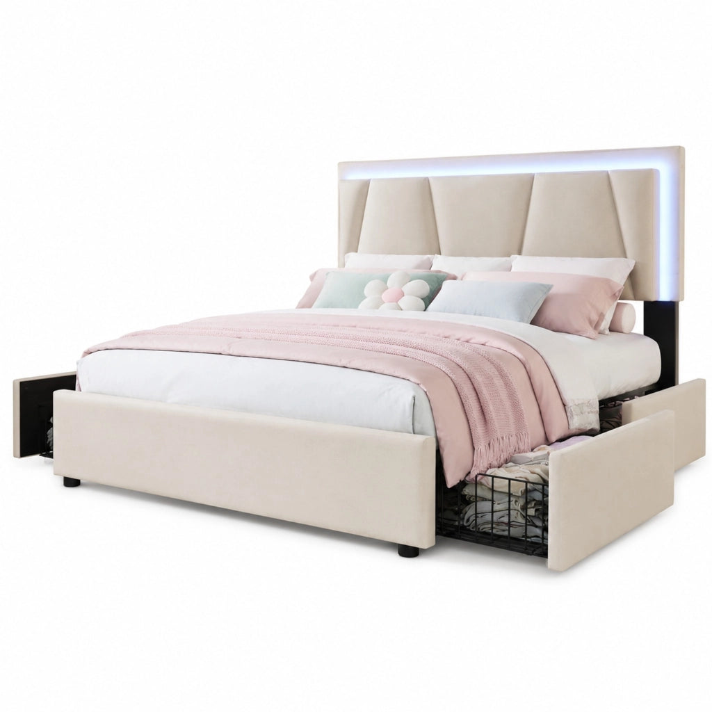 Letto matrimoniale 140x200 cm imbottito con LED; testiera regolabile e 4 cassetti; beige