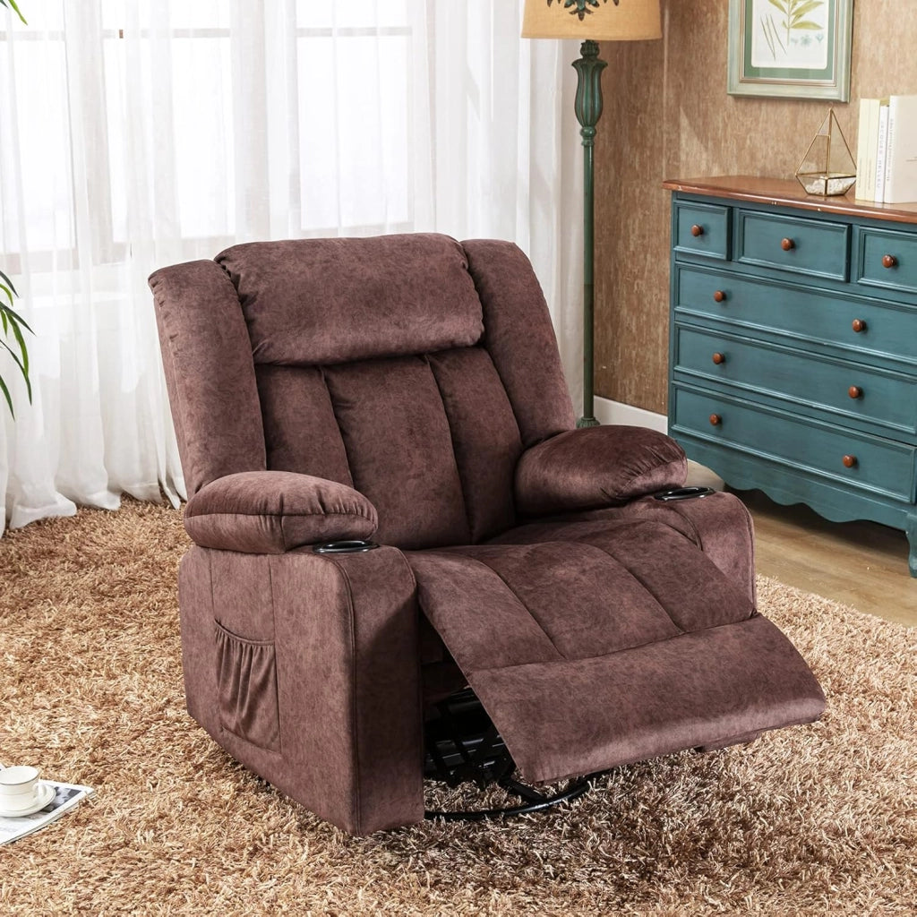 Poltrona Reclinabile Girevole per Adulti con Schienale e Poggiapiedi Regolabili, Poltrona 360° da Salotto, Portabicchieri, Tasche Laterali, Tessuto Morbido, Supporto Ergonomico, Nero