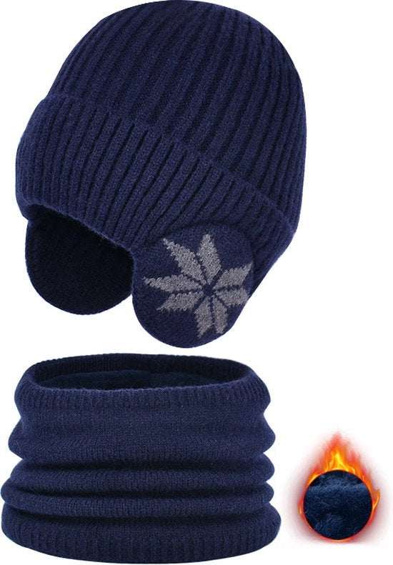Set di cappello e sciarpa per bambini | Cappello e sciarpa in lana di lana calda per bambini | Cappello e sciarpa elastici con stampa fiocco di neve | Adatto per bicicletta, campeggio, sci | Età 4-10 anni - blu