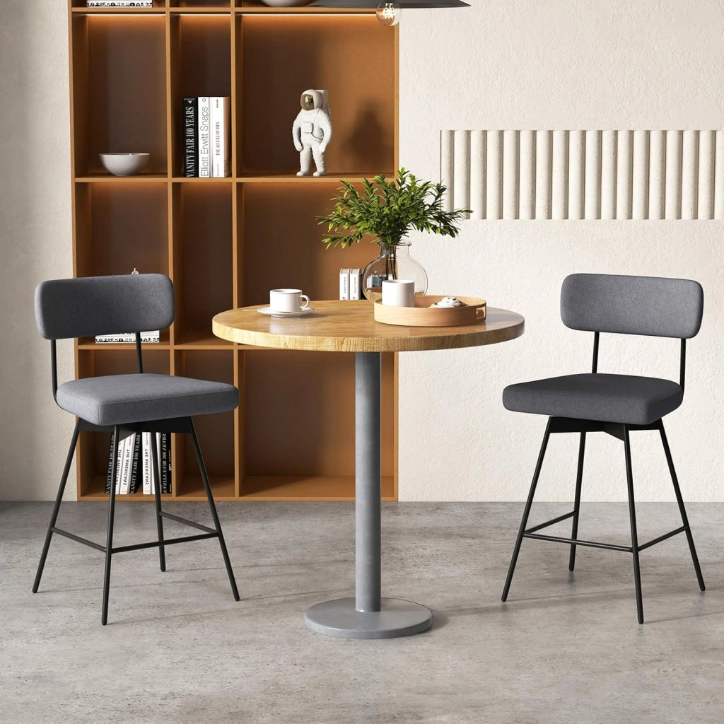 Set di 2 Sgabelli da Bar Girevoli a 360°, Sgabelli da Cucina con Schienale, Poggiapiedi, Sedia Alta Moderna Imbottita Struttura in Metallo, Altezza 90,5 cm, Capacità di 150 kg (Grigio)
