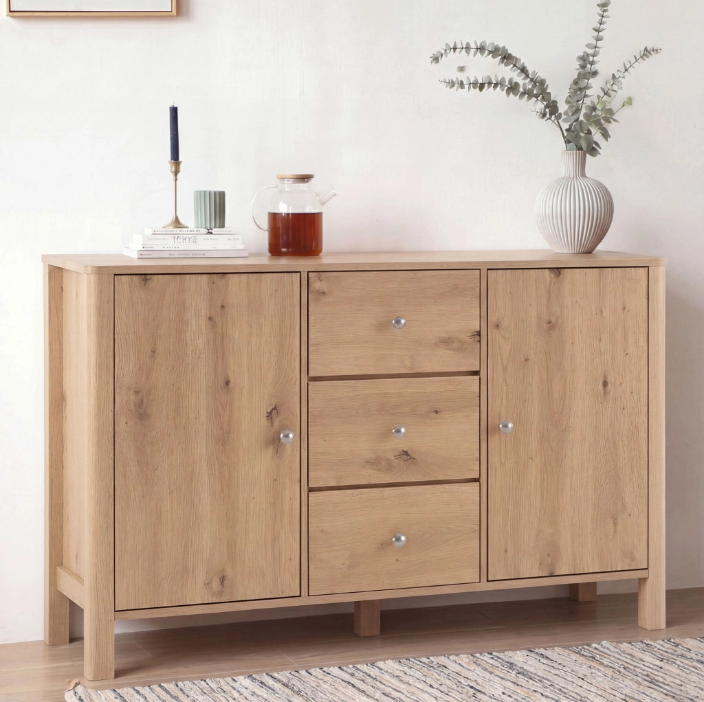 Credenza 120x40x80 cm con 3 cassetti e 2 ante in truciolare naturale