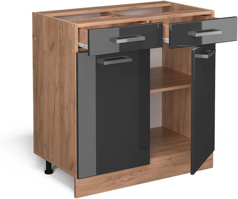 Mobiletto base per cucina R-Line, Antracite lucido, 80 cm senza piano di lavoro, per la libera combinazione all'interno di sistemi cucina modulari