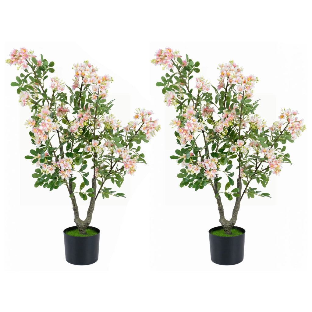 Albero artificiale fiori impatiens seta 90 cm multiramo vaso cemento, Pianta finta interno esterno ufficio casa negozio 2 Pezzi