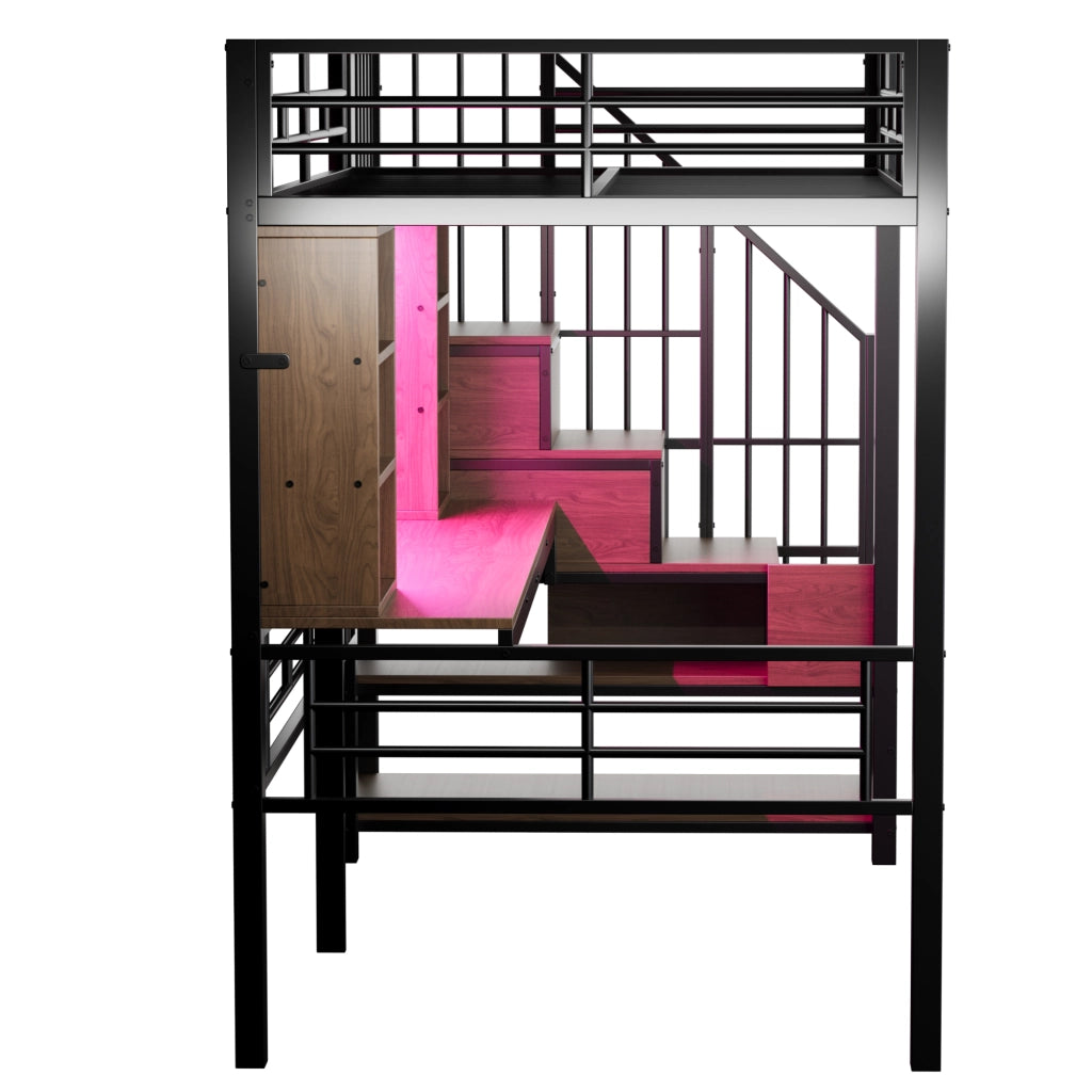 DESMIU Letto a soppalco 90 × 200 cm 1 piazza con scrivania, ripiani, presa EU e LED, senza materasso, nero