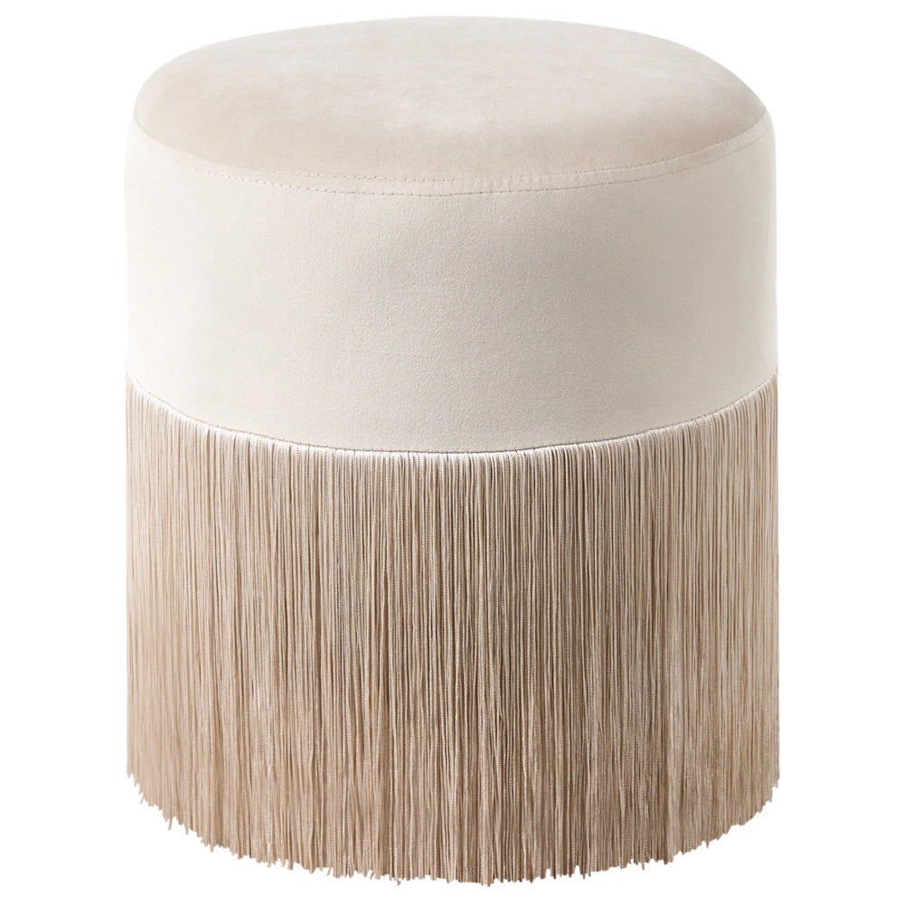 Pouf ottomana rotondo in velluto beige con pouf Glam con nappe
