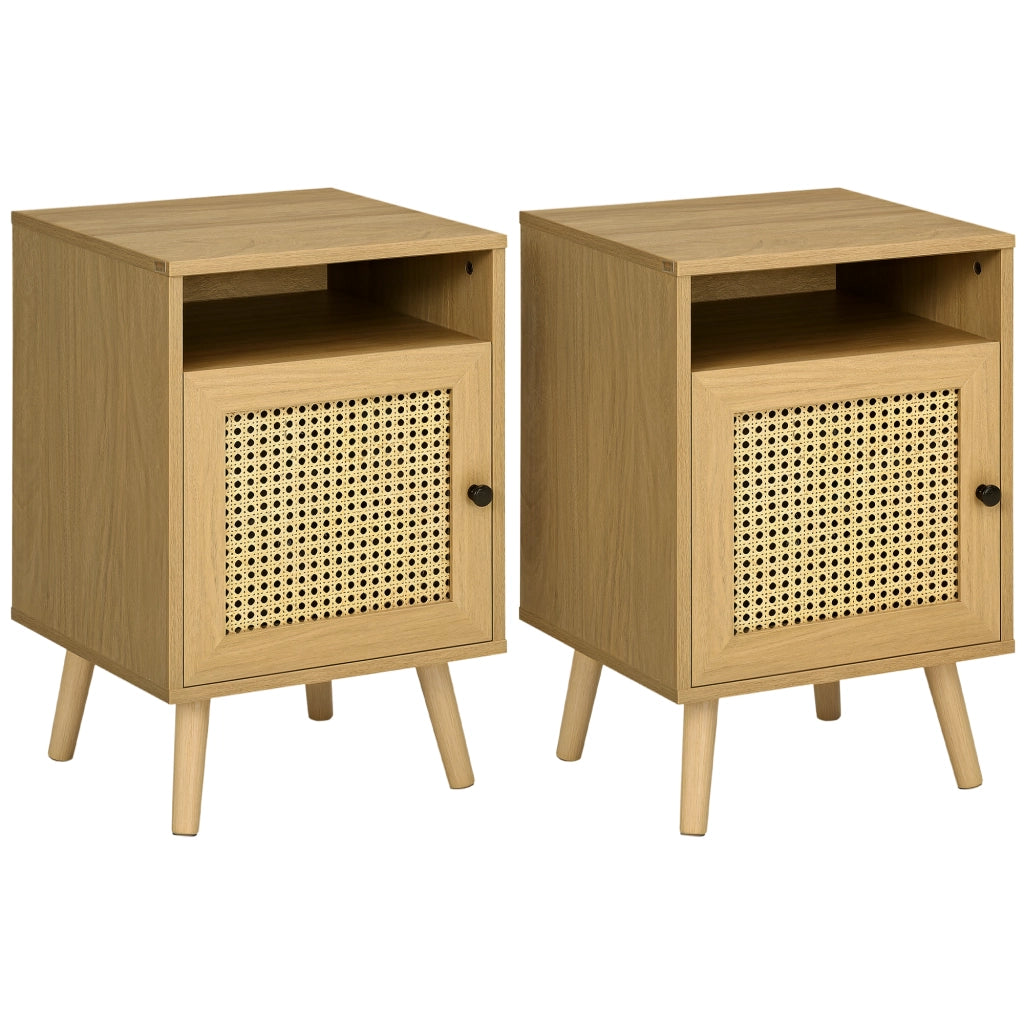 Set 2 Comodini in Stile Boho con Armadietto e Ripiano Aperto, in Truciolato, Rattan e MDF, 39x35x60 cm