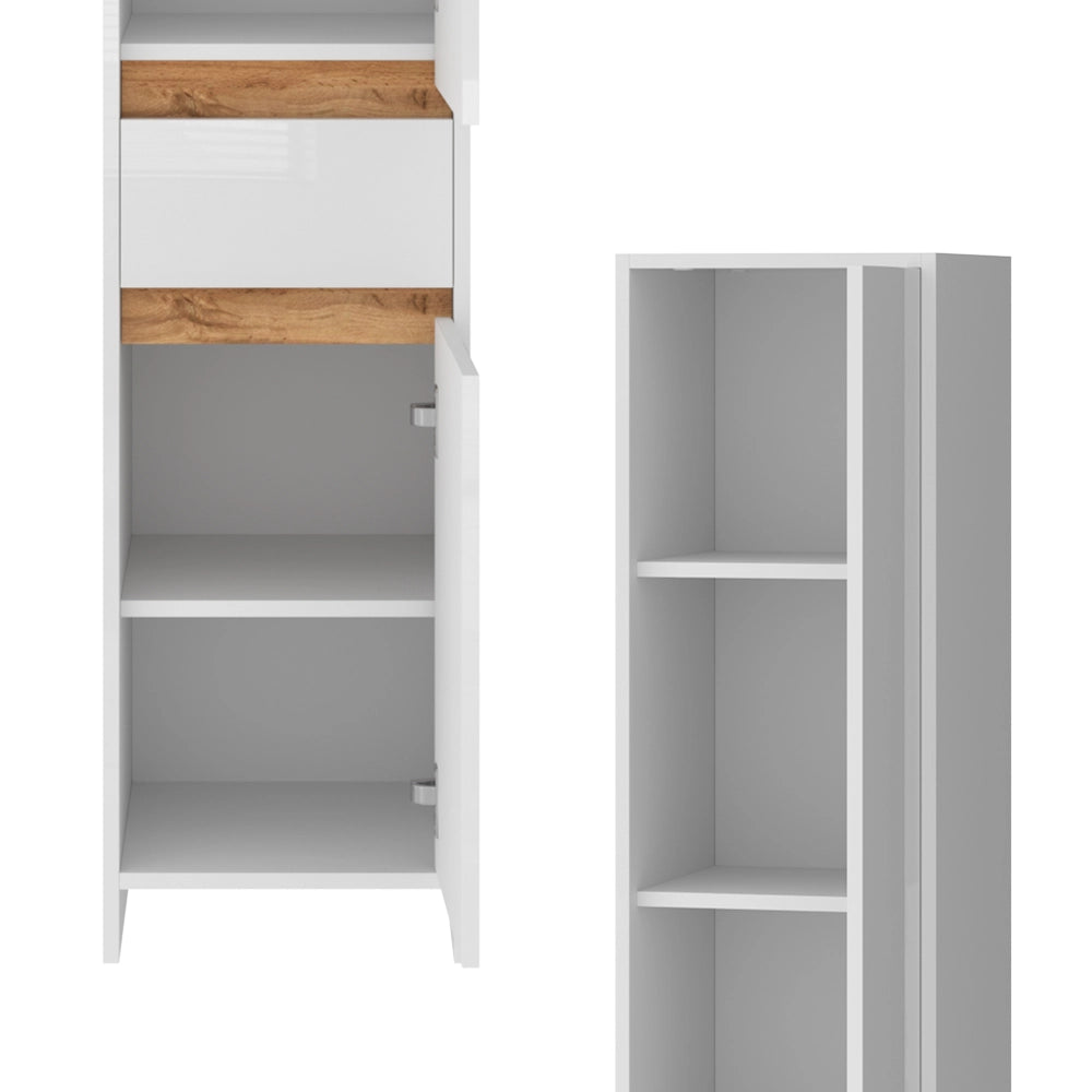 Vicco Mobiletto da bagno Bianco lucido/oro power oak 35 x 190 cm con 2 porte e un cassetto