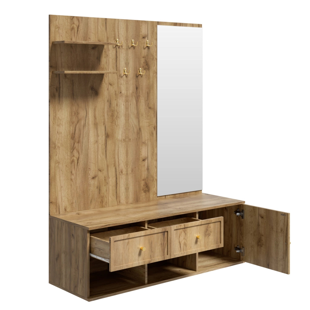 Garderobiera da ingresso multifunzione 6 in 1 con specchio, 5 ganci, 2 cassetti e vano chiuso, effetto legno, 120 x 35 x 159 cm
