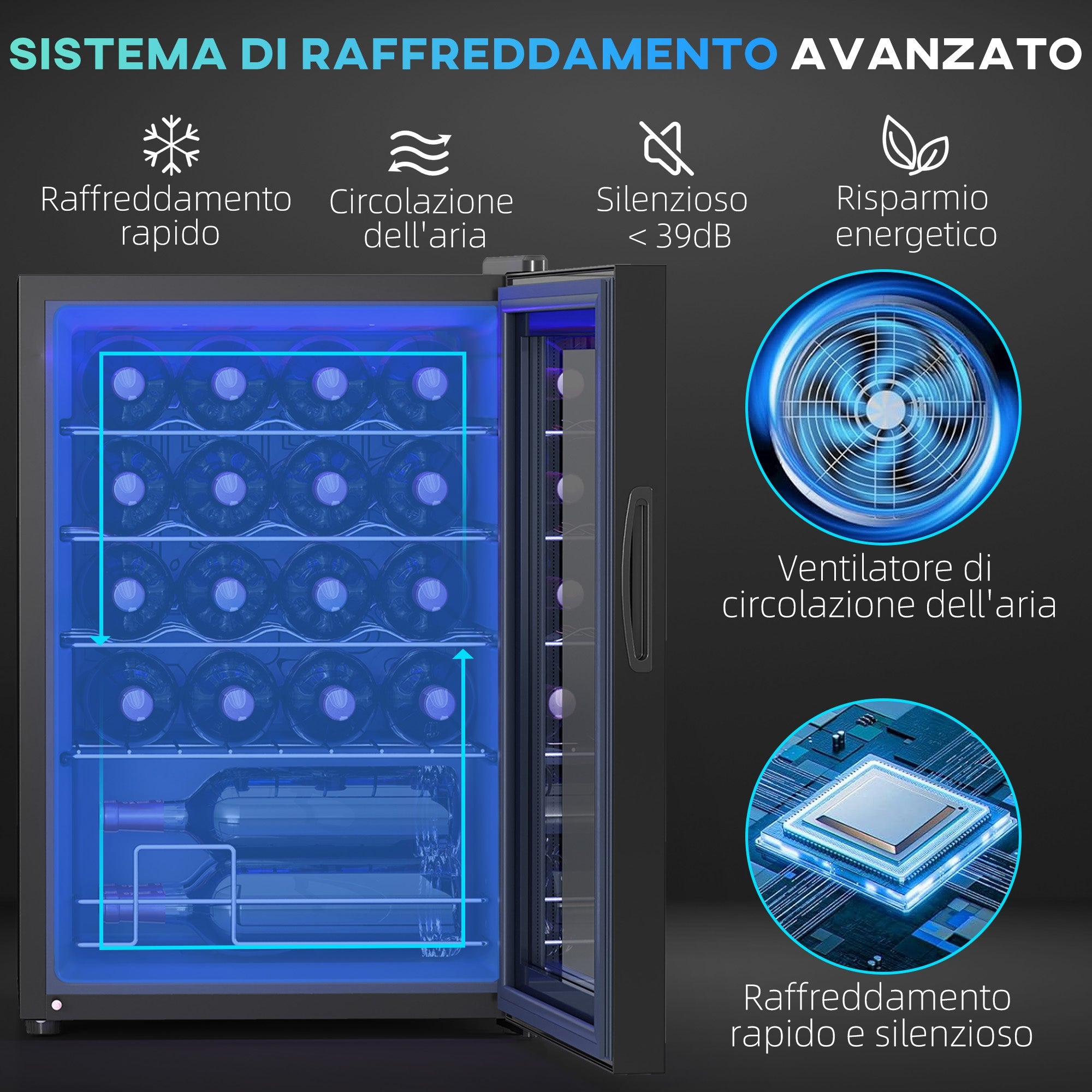 Cantinetta Vino Refrigerata per 20 Bottiglie Capacità 53L Porta in Vetro Anti-UV Nero