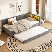 OKWISH Letto a Scomparsa 90×200 cm, Letto Singolo con Letto Estraibile, USB, Tipo C, LED e Mensole, senza Materasso, in Lino, Grigio