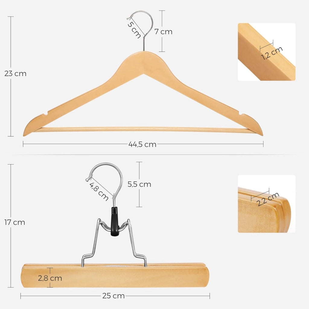 SONGMICS Grucce Appendiabiti in Legno, 20 Grucce con Barra Orizzontale, 12 Grucce Pantaloni con Pinze, Antiscivolo, Gancio Girevole a 360°, Camicie Cappotti Gonne, Naturale CRW001XD2