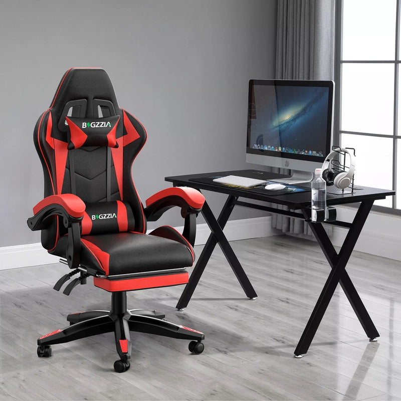 Sedia da gioco, sedia da gioco ergonomica  in similpelle,altezza regolabile, con poggiatesta e supporto lombare, poggiapiedi, nero e rosso
