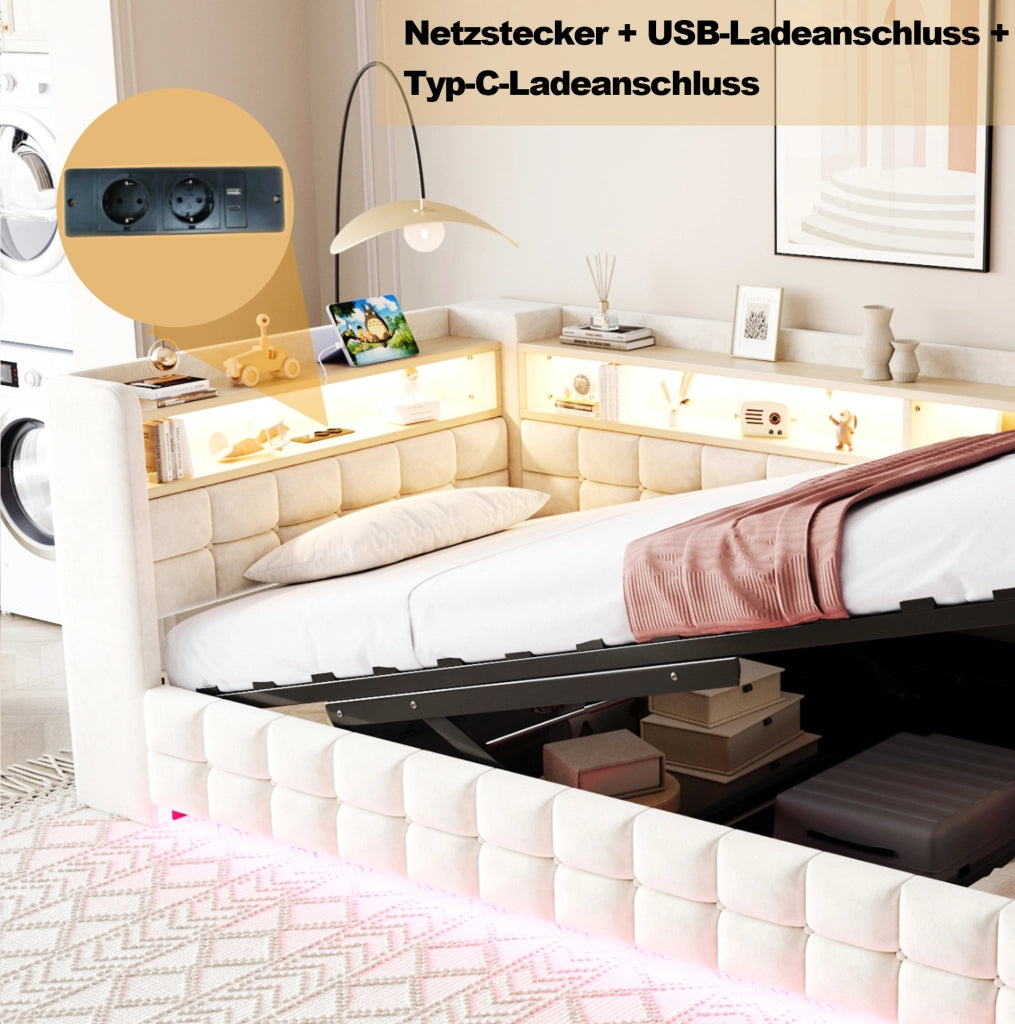 Divano letto imbottito 90x200 cm con LED, prese e contenitore