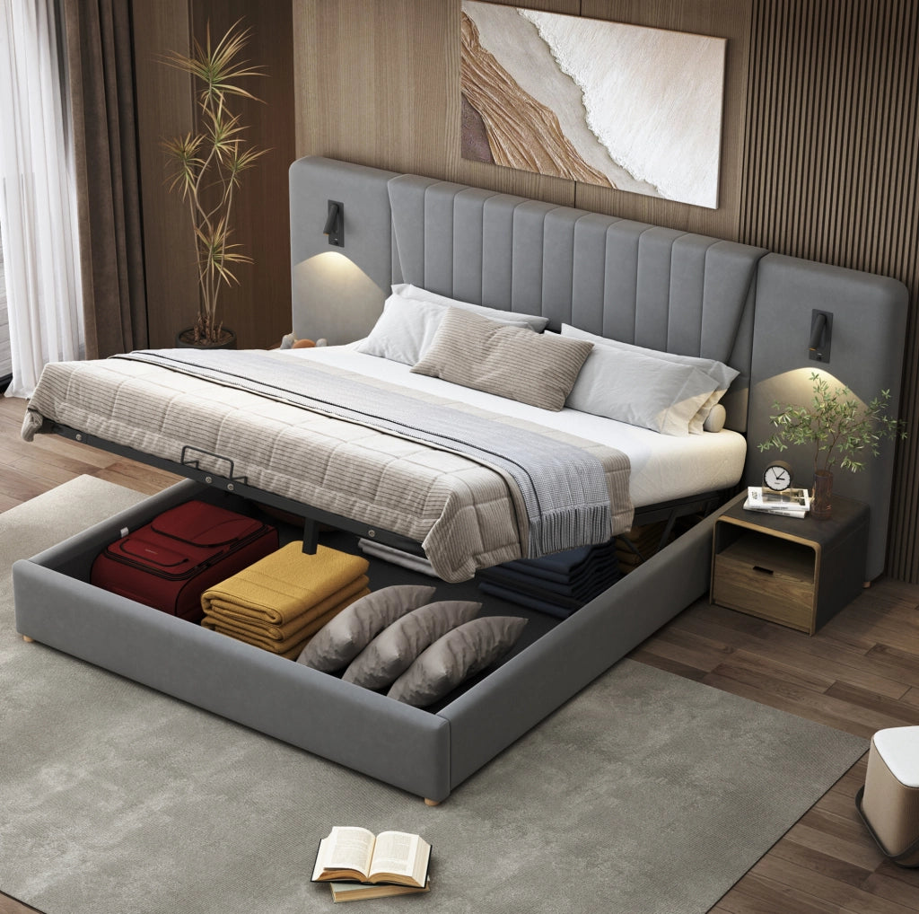 Letto imbottito 180x200 cm con testiera extra lunga; lampade da lettura e contenitore in velluto grigio