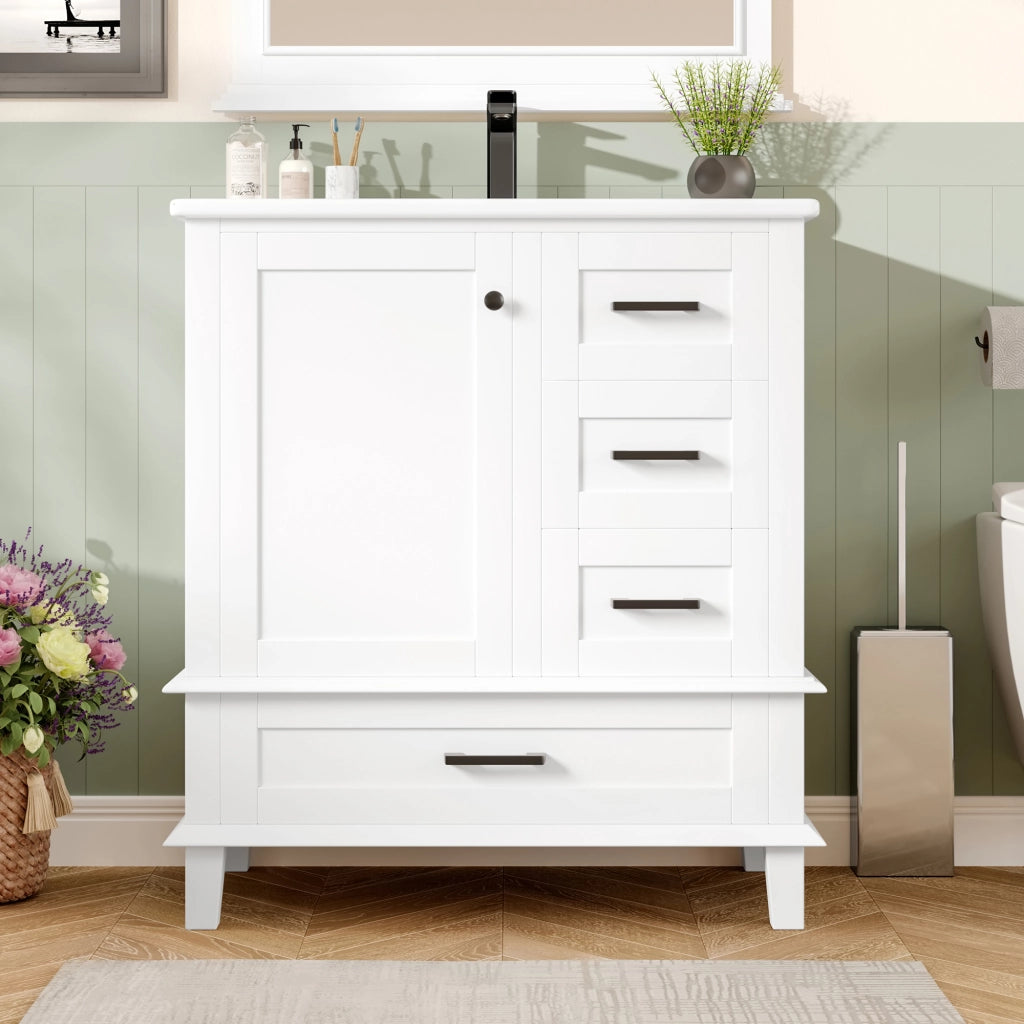 Mobile lavabo da bagno freestanding 76x46x83,5 cm bianco con lavabo in ceramica integrato, 3 cassetti silenziosi e vano con ripiano