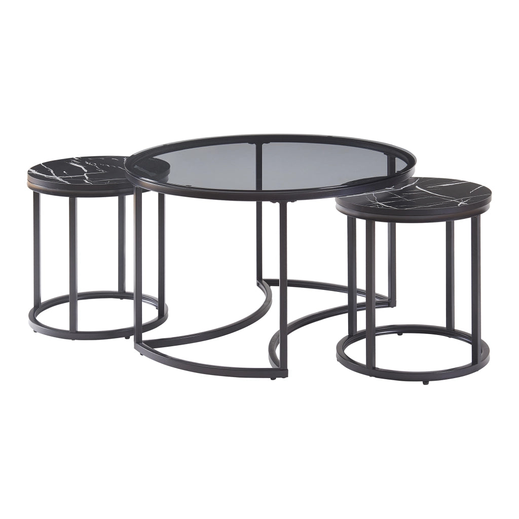 Set Kokkola 3 Tavolini Sovrapponibili con Piani Rotondi in Vetro Fumè e MDF Effetto Marmo Nero [en.casa]
