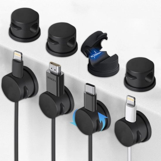 8 pezzi di supporti per cavi a rotazione per cavi | clip per cavi a 360° | gestione cavi e caricabatteria autoadesivo per telefono a letto, ufficio e cucina (nero)