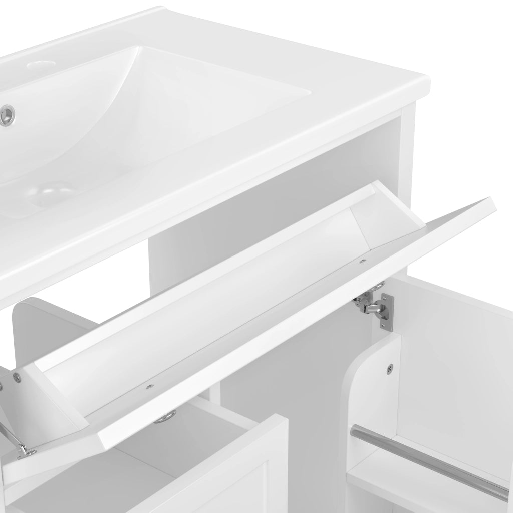 Mobile bagno con lavabo integrato 76¡Á46¡Á87 cm, bianco, freestanding, MDF laccato, 3 cassetti silenziosi, anta e lavabo in ceramica.