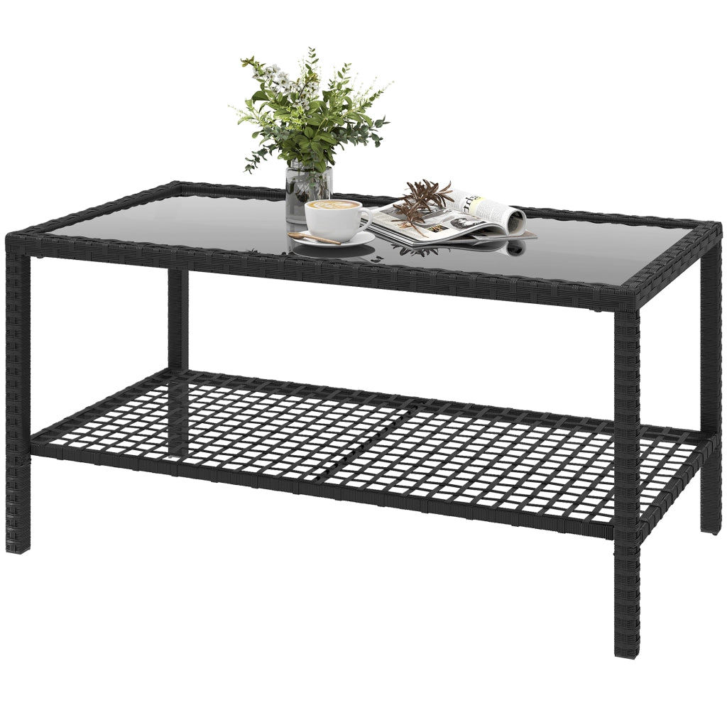 Tavolino da Caff¨¨ a 2 livelli con Piano in Vetro Temperato e Ripiano, in Acciaio e Rattan, 92x50x45 cm, Nero
