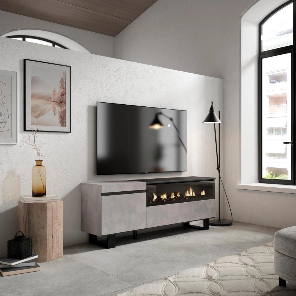 Mobile TV Soggiorno, 150x35x57cm, Per TV fino a 65", Camino elettrico, Design industriale, grigio cemento RF2473