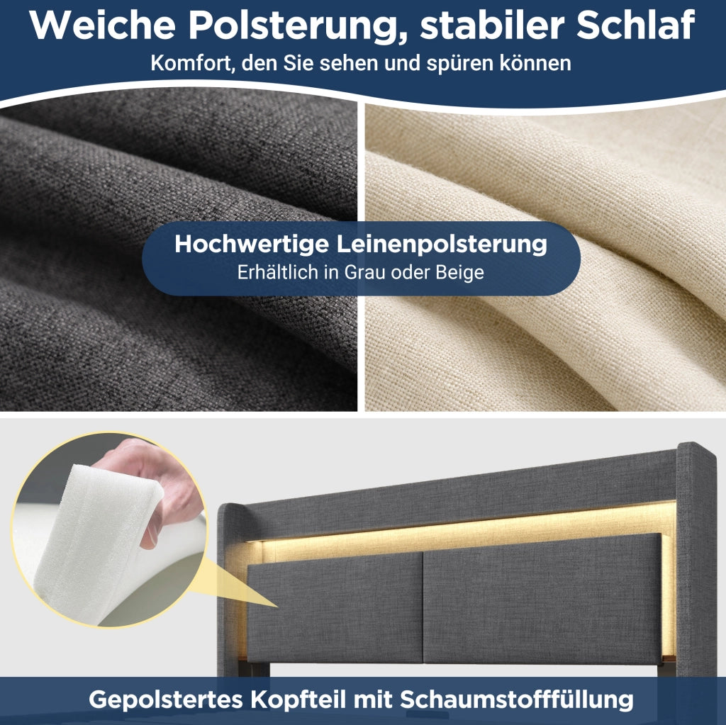 Letto imbottito grigio 160x200 cm con contenitore, testiera con ricarica e LED