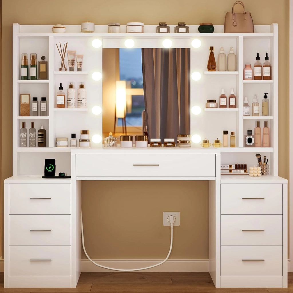 Grande Toeletta, Toeletta da Trucco con Luci LED, 3 Colori Luminosità Regolabile, Postazione Trucco con Prese,Bianco, 7 Cassetti, 8 Ripiani Aperti