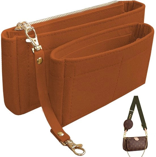 Organizzatore di Tasche a Mano per Pochette Accessori e Portafogli, Inserts per Borse a Mano, Organizzatore di Tote Bag, Scatola Interna, Tasca con Cerniera e Orecchino per Chiavi, Marrone