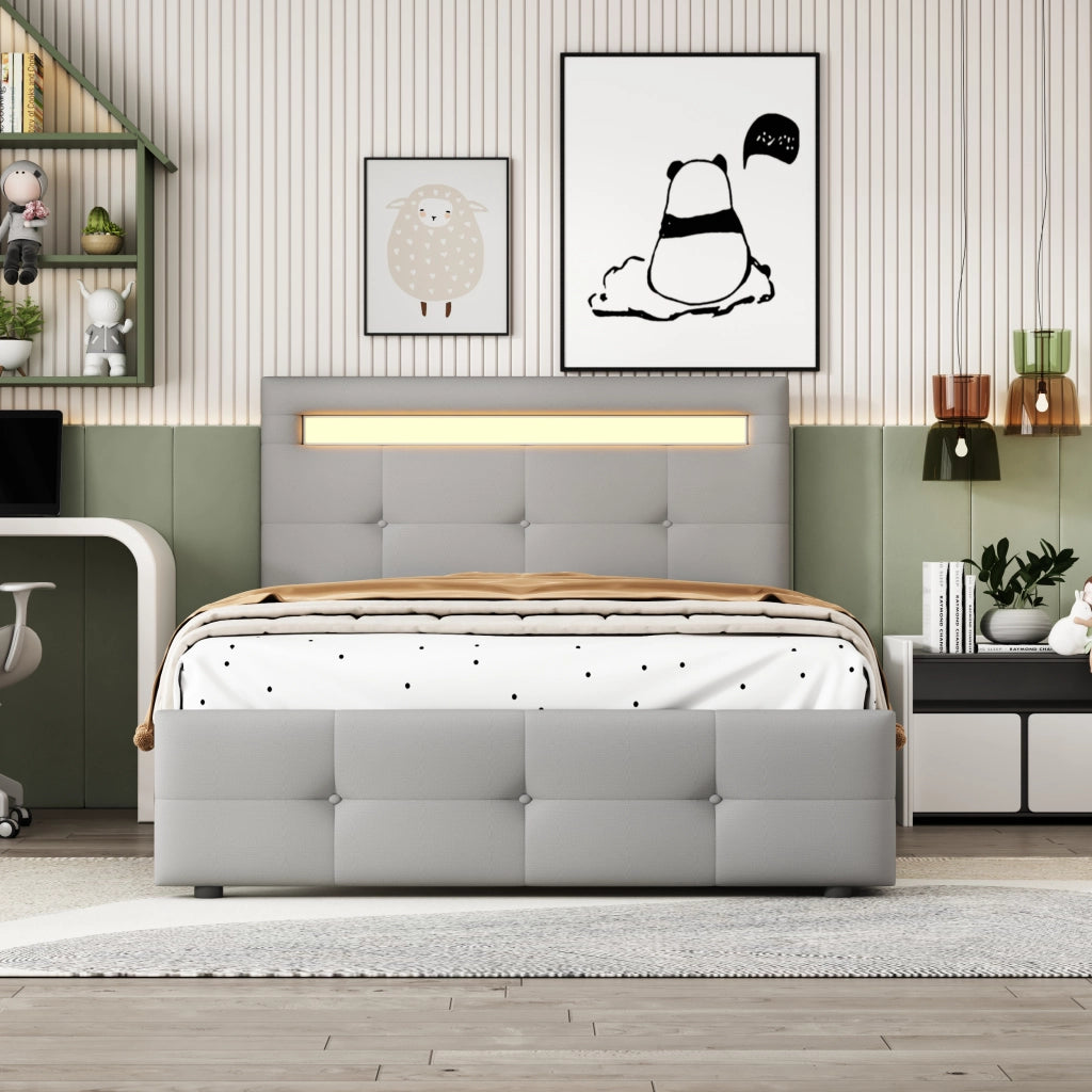 Letto singolo 90×200 cm con 2 cassetti e LED; rete inclusa; senza materasso; imbottito; grigio