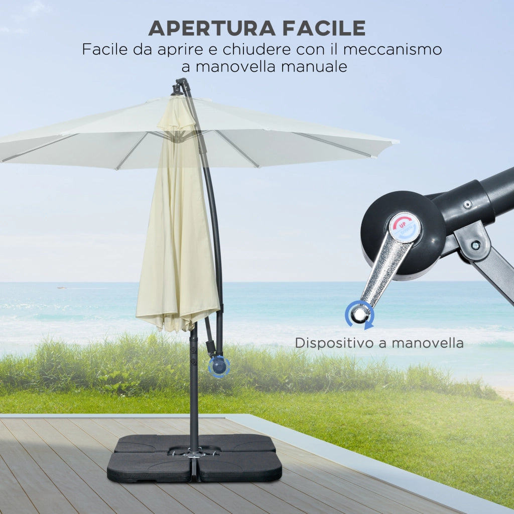 Ombrellone Decentrato a 6 Stecche con Manovella e Base a Croce, in Metallo e Poliestere, ?292x247 cm, Beige