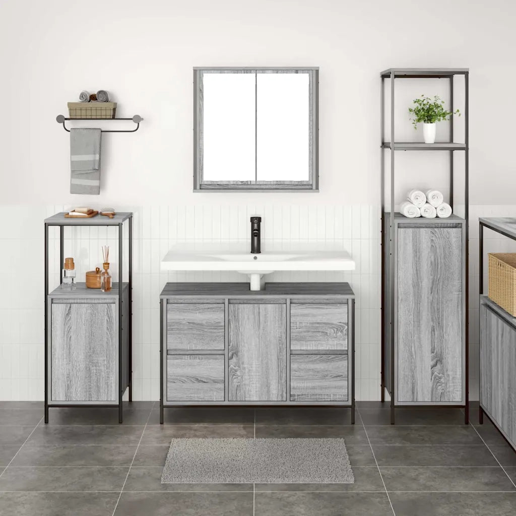 Set di mobili per il Bagno | Armadio da bagno con porta 3 pz Grigio sonoma e Nero