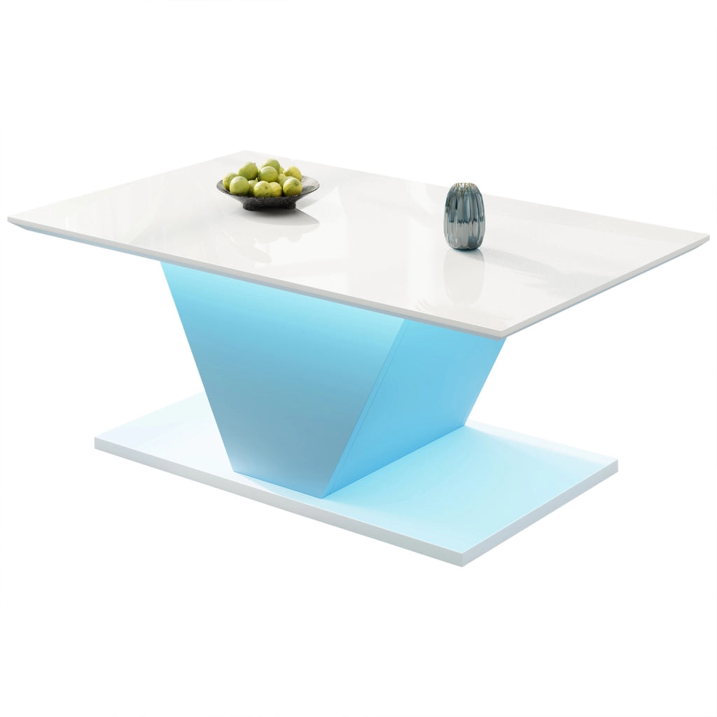 Tavolino da caffè 100x50x46 cm; illuminazione LED e forma a V; truciolato; bianco