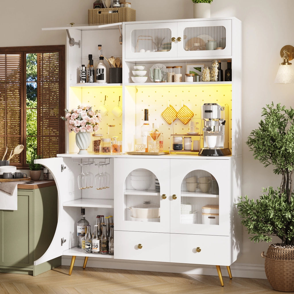 OKWISH Credenza alta da cucina, 2 ante, 1 cassetto e vani aperti, LED e prese integrate, MDF, 120 x 40 x 176 cm