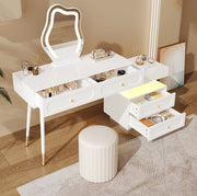 Toeletta con specchio LED; 4 cassetti e mobile laterale reversibile; 140x40x130 cm; bianco