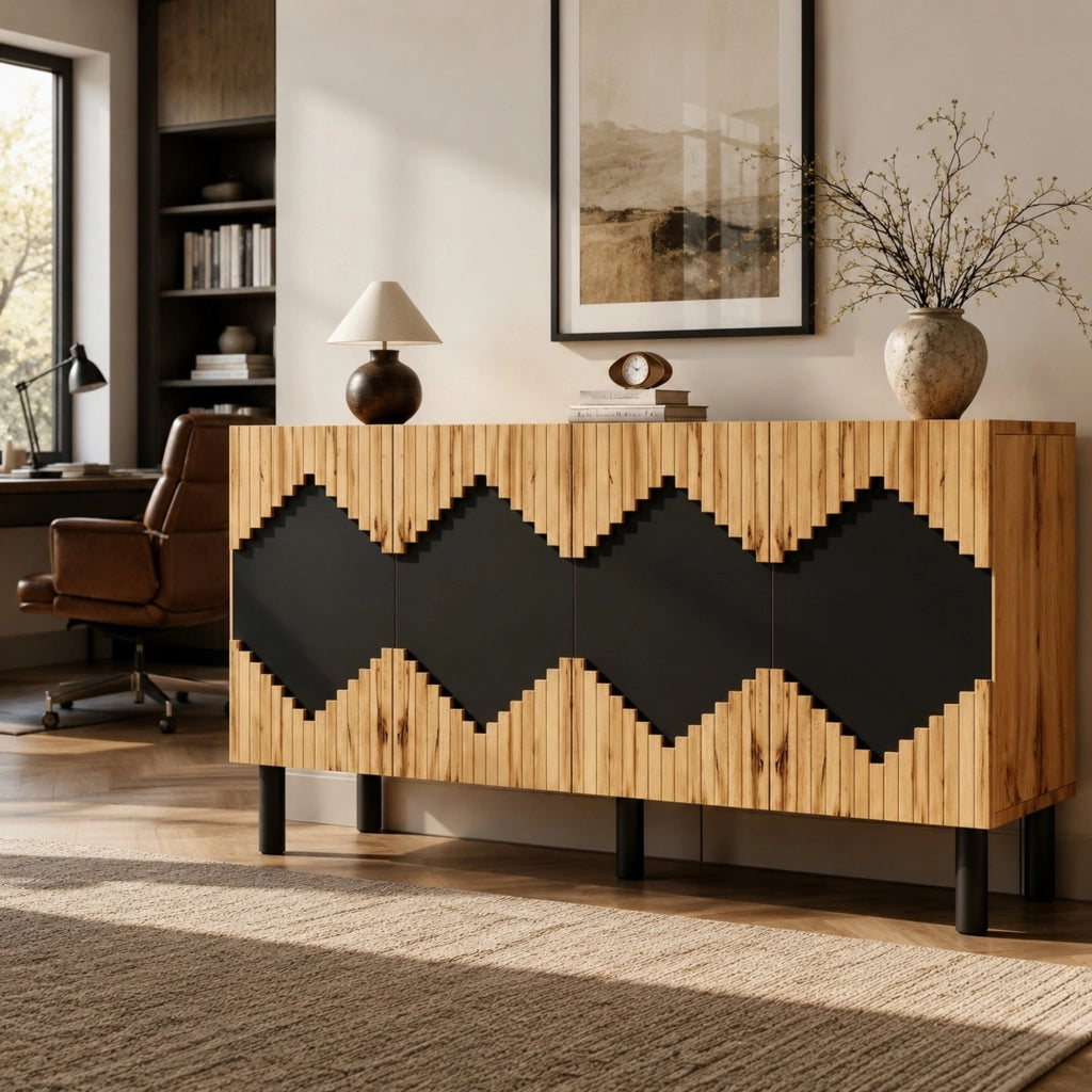 Credenza contenitore 140x40x70 cm in MDF e truciolare; ante push-open; legno naturale e nero