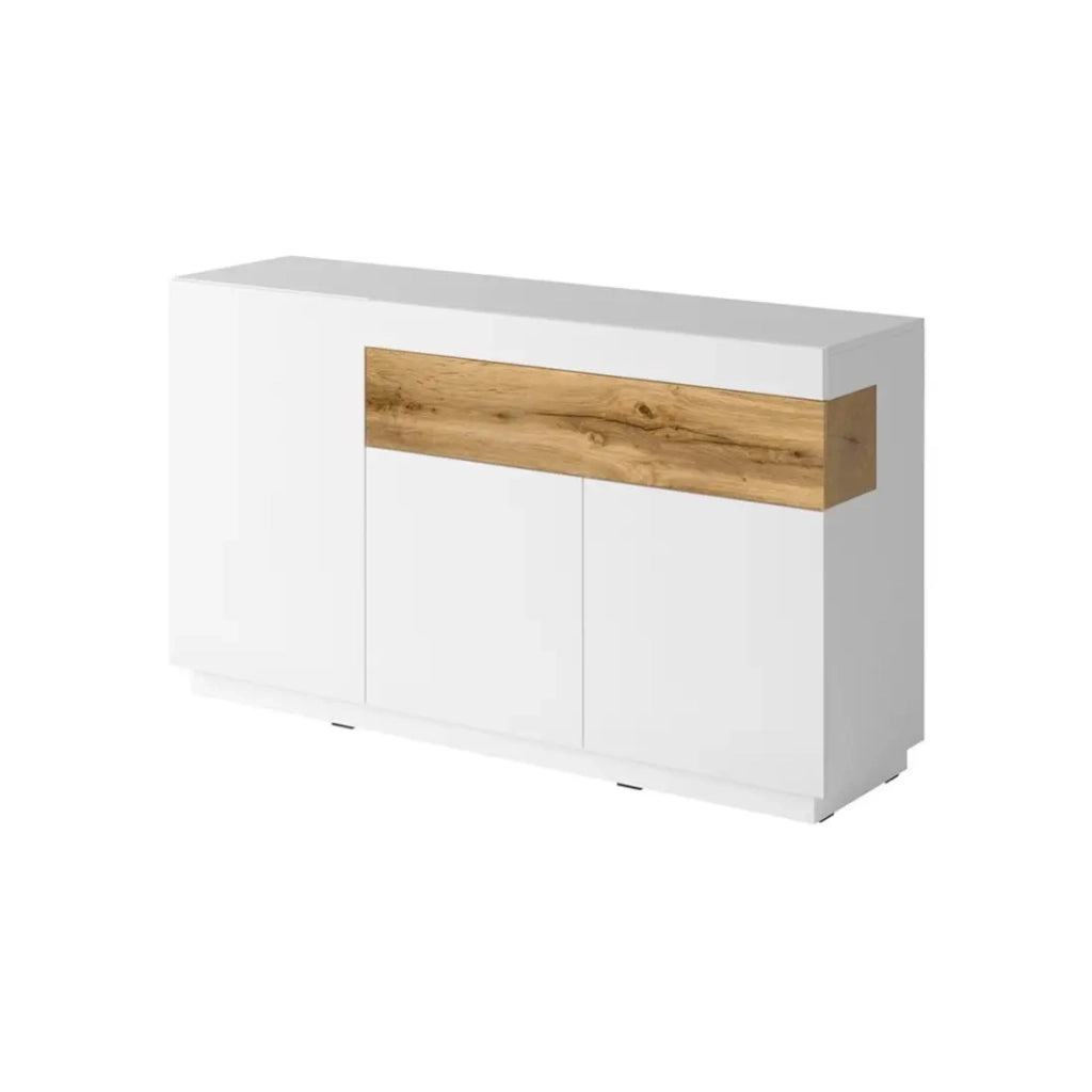 Buffet, credenza, enfilade KILES con tre porte e un cassetto. Colori bianco e rovere. Stile design.