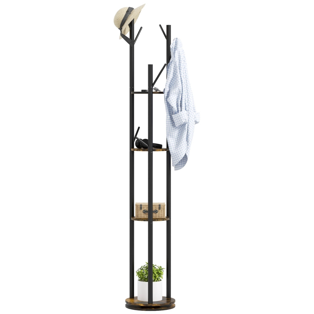 Appendiabiti da Terra Girevole con 8 Ganci e 4 Mensole in Stile Industriale, ?30x175cm, Marrone