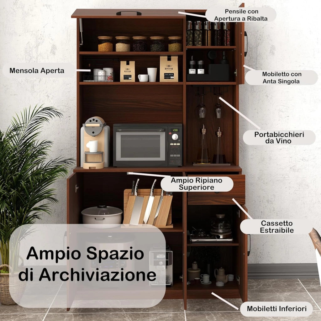 Credenza Alta da Cucina con 5 Ante e Cassetto, Armadio Dispensa da Cucina con Presa Elettrica, Mobile Cucina con Ripiani Regolabili per Sala da Pranzo e Soggiorno, 90 x 39 x 167 cm (Noce)