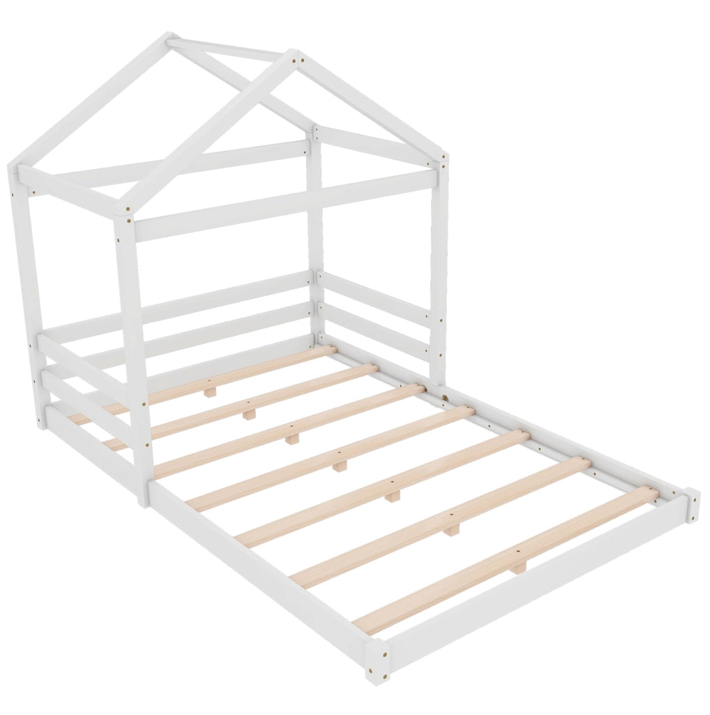 Letto a casetta per bambini 140x200 cm in legno di pino con rete, bianco