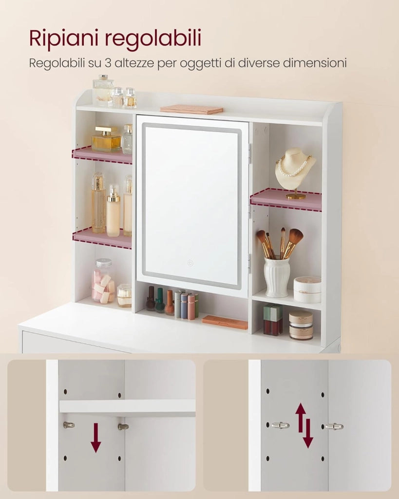 VASAGLE KAILYN Collezione - Toeletta con Luci LED 3 Colorazioni con LuminositàRegolabile, Tavolo da Trucco con Specchio, Ripiani Regolabili, 2 Cassetti, Postazione Trucco, Bianco RDT123T14