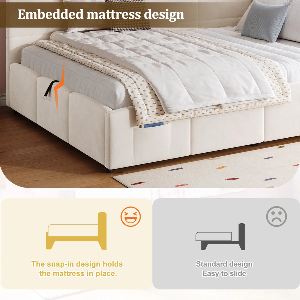 Letto imbottito con funzione divano e contenitore in velluto beige 140x190 cm