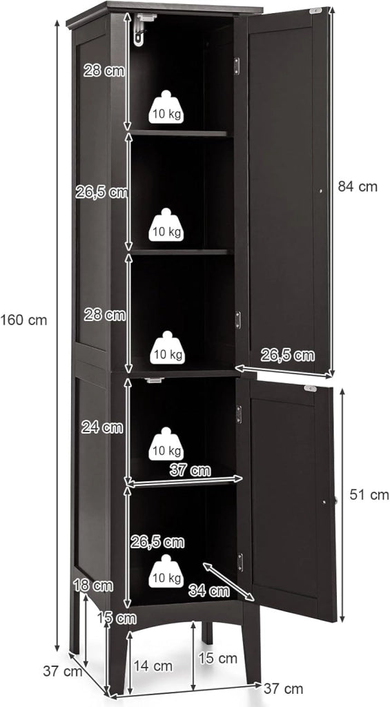 Mobile da Bagno Alto con 2 Ante 37 x 37 x 160cm, Armadio da Terra con 5 Vani, Mobile Colonna per Bagno Cucina Soggiorno (Marrone)