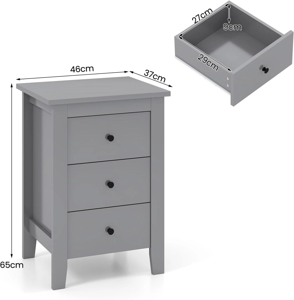 Set di 1/2 Comodino con 3 Cassetti, 46 x 37 x 65 cm, Comodino in Legno, Cassettiera di Stoccaggio con Gambe, Tavolo Ausiliare per Soggiorno, Camera da Letto (1, Grigio)